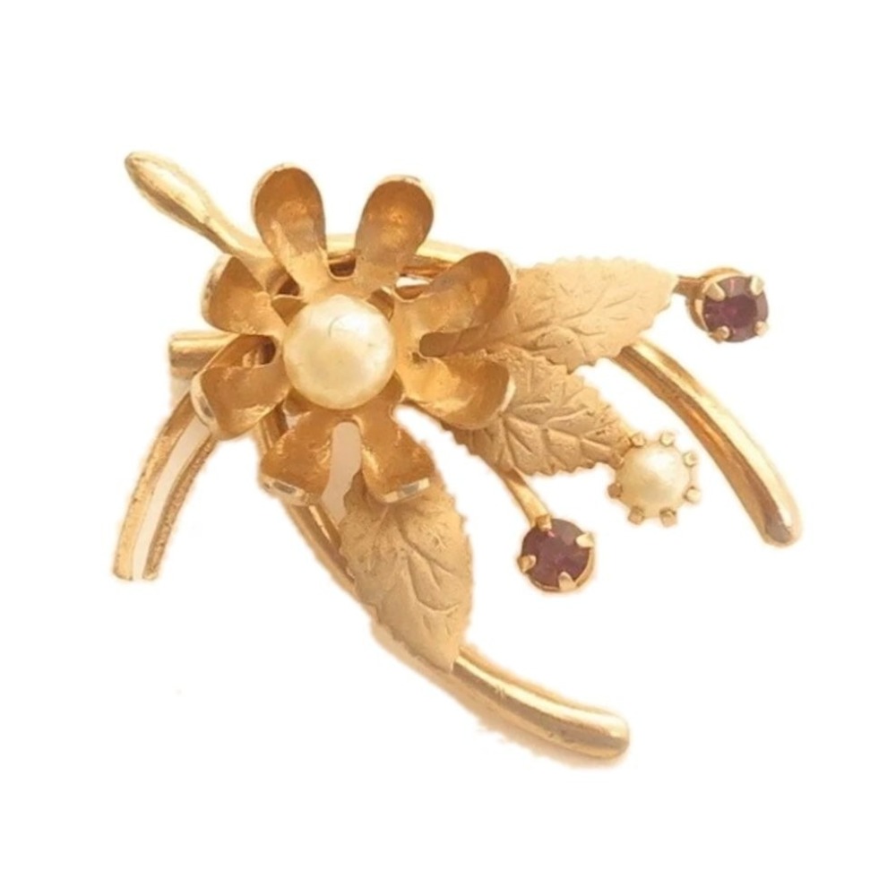 Vintage Rhinestone‎ Faux Pearl Flower Gold Toned Wishbone Pin